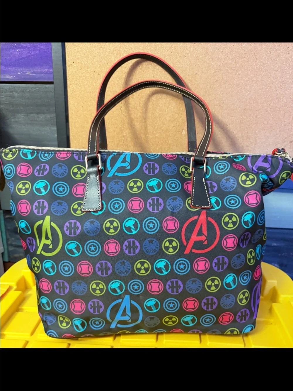 Dooney & Bourke Black Tote with Neon Multicolor Avengers Icons